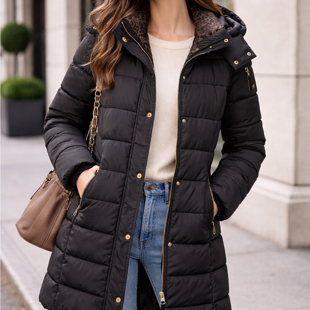 Calvin Klein Black Puffer Long Coat with Gold Accents